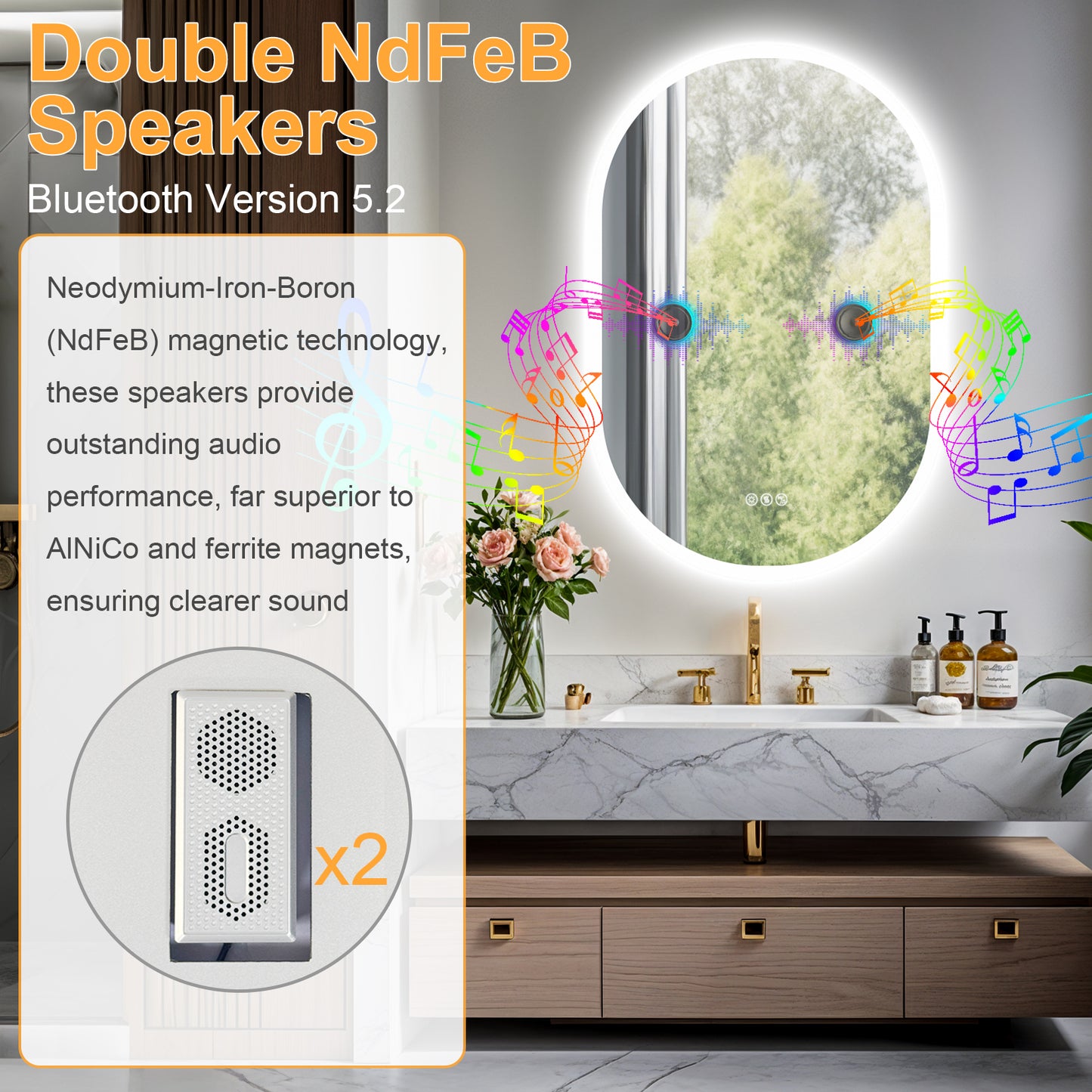 LUVODI Long Oval LED Bathroom Mirror with Bluetooth Speaker, No Display 23.62x35.43 in