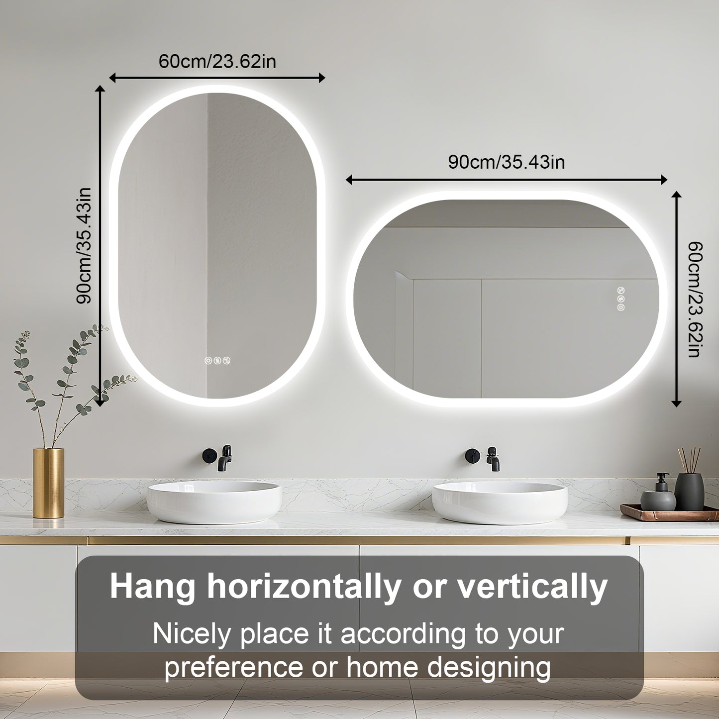 LUVODI Long Oval LED Bathroom Mirror with Bluetooth Speaker, No Display 23.62x35.43 in