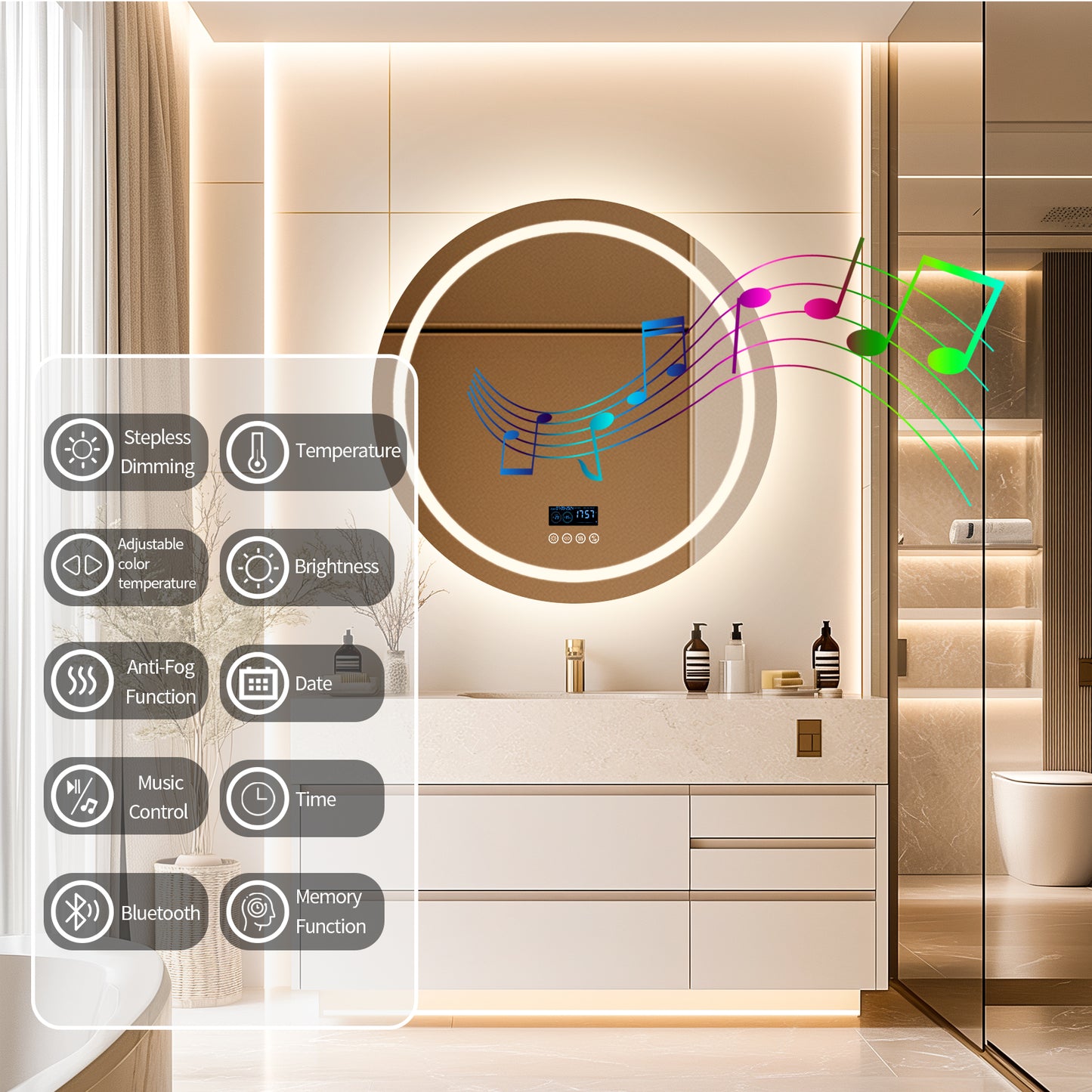LUVODI Round LED Bluetooth Bathroom Mirror with Smart Display 80x80cm