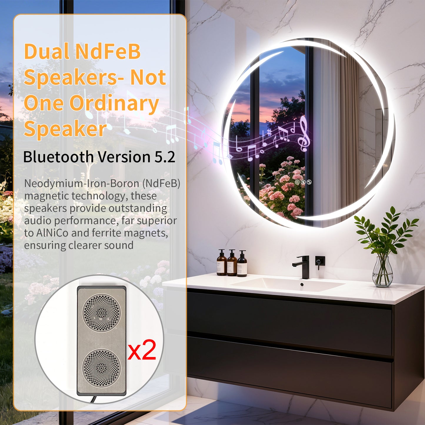 Espejo de pared redondo para baño LUVODI de 31,5" con LED y altavoz Bluetooth dual, antivaho y regulable