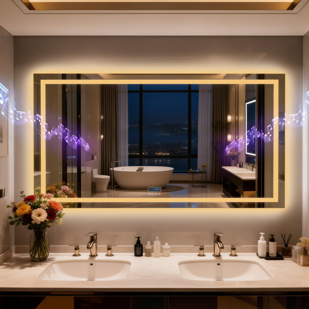 LUVODI LED Bathroom Mirror with Bluetooth Speaker & Screen Display, Tempered Glass Anti Fog Vanity Mirror
