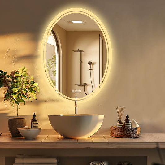 LUVODI Oval Illuminated Bathroom Mirror 3 Colors Defogging Smart Mirror(Glowing Outer Edge)