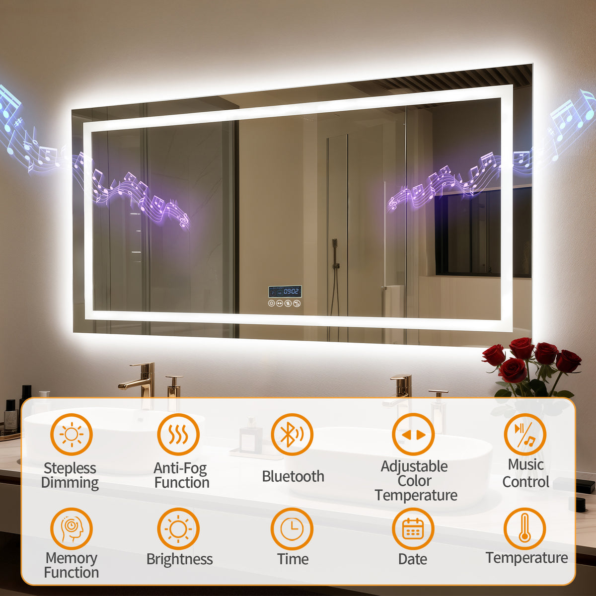 LUVODI LED Bathroom Mirror with Bluetooth Speaker & Screen Display, Tempered Glass Anti Fog Vanity Mirror
