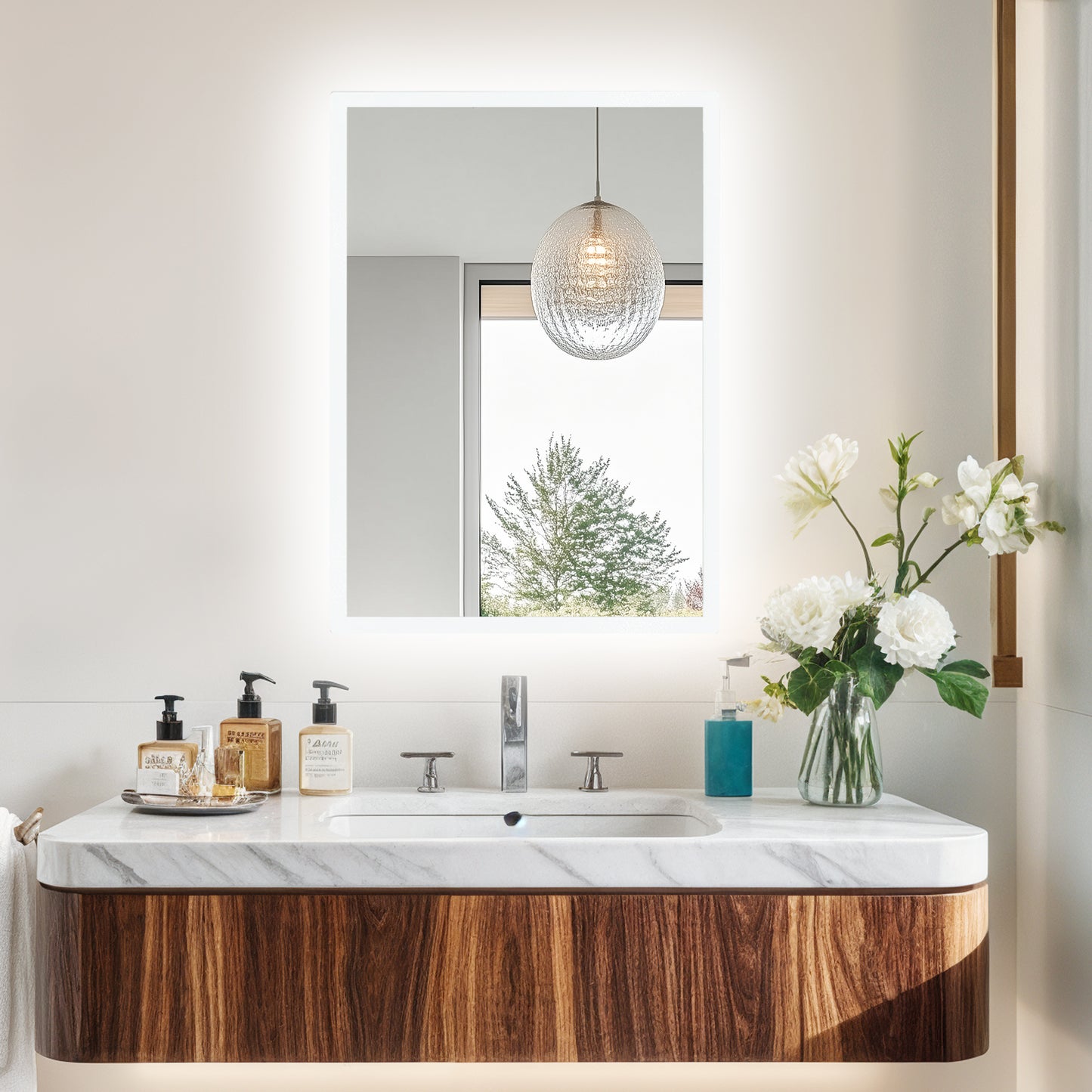 LUVODI Rectangular LED Bathroom Mirror with Lights, 2 Buttons (Glowing Outer Edge)