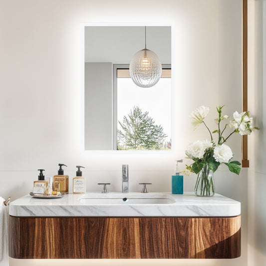 LUVODI Rectangular LED Bathroom Mirror with Lights, 2 Buttons (Glowing Outer Edge)