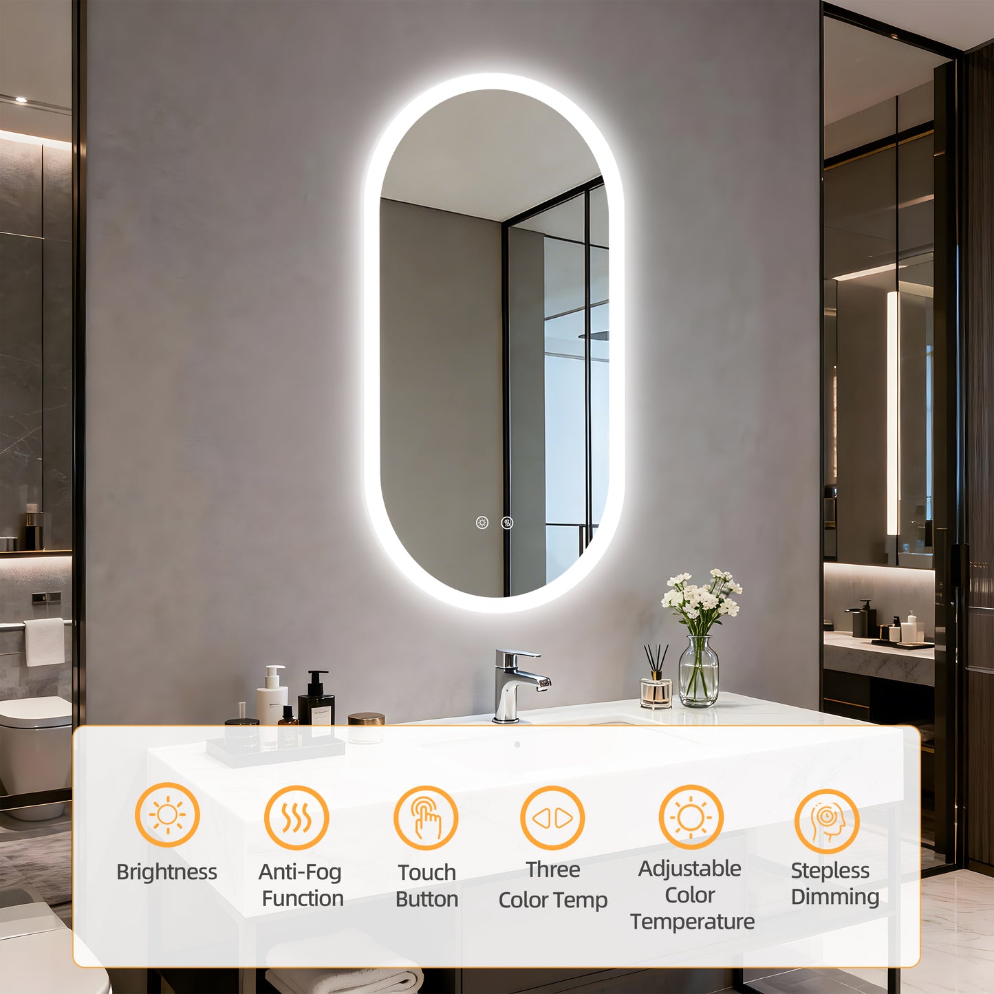 LUVODI Long Oval LED Bathroom Mirror, Tempered Glass Front Lit Vanity Mirror (2 Buttons)