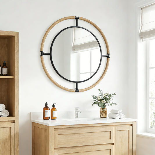31.5'' Farmhouse Round Mirror, Large Rustic Round Wall Mirror with Hemp Rope
