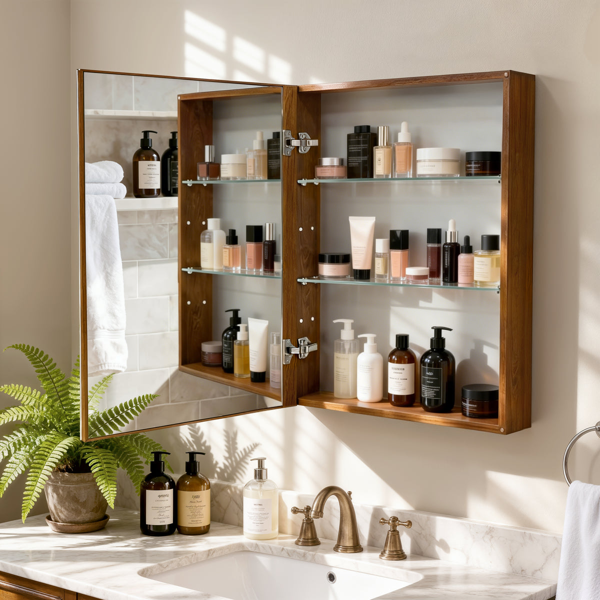 Mid Century Medicine Cabinet with Mirror, Double Mirror Doors, With Sensor Light