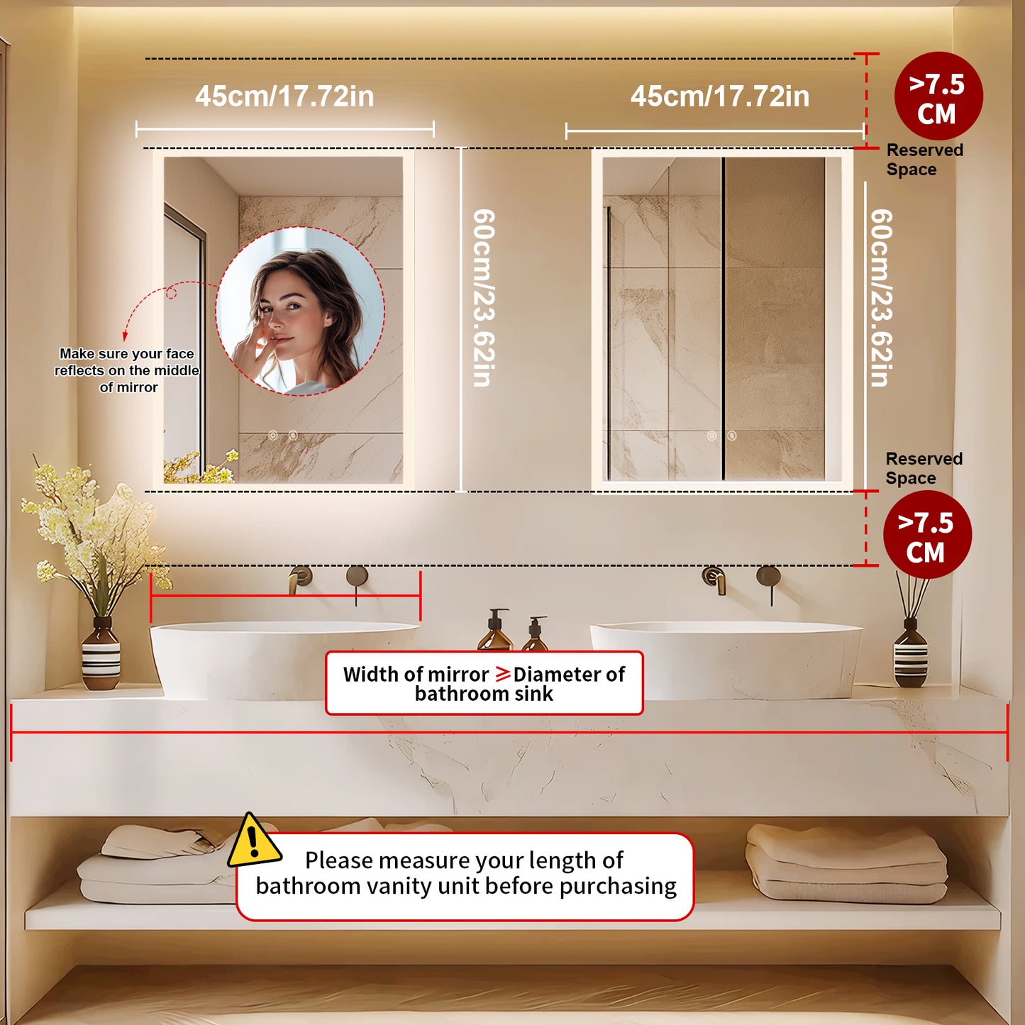 LUVODI 17.8”x23.6" LED Bathroom Mirror Wall Vanity Mirror 3 Colors Smart Lighted Mirror