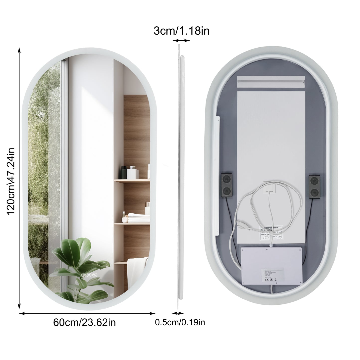 Espejo de baño ovalado con luz LED y Bluetooth LUVODI, espejo de tocador de pared (sin pantalla)