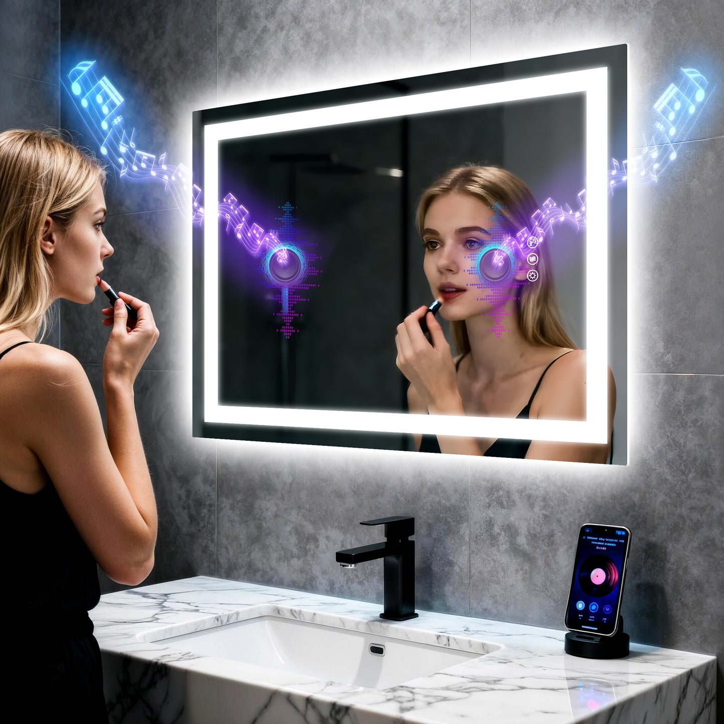 Espejo de baño rectangular de vidrio templado iluminado LUVODI con altavoces Bluetooth (sin pantalla)