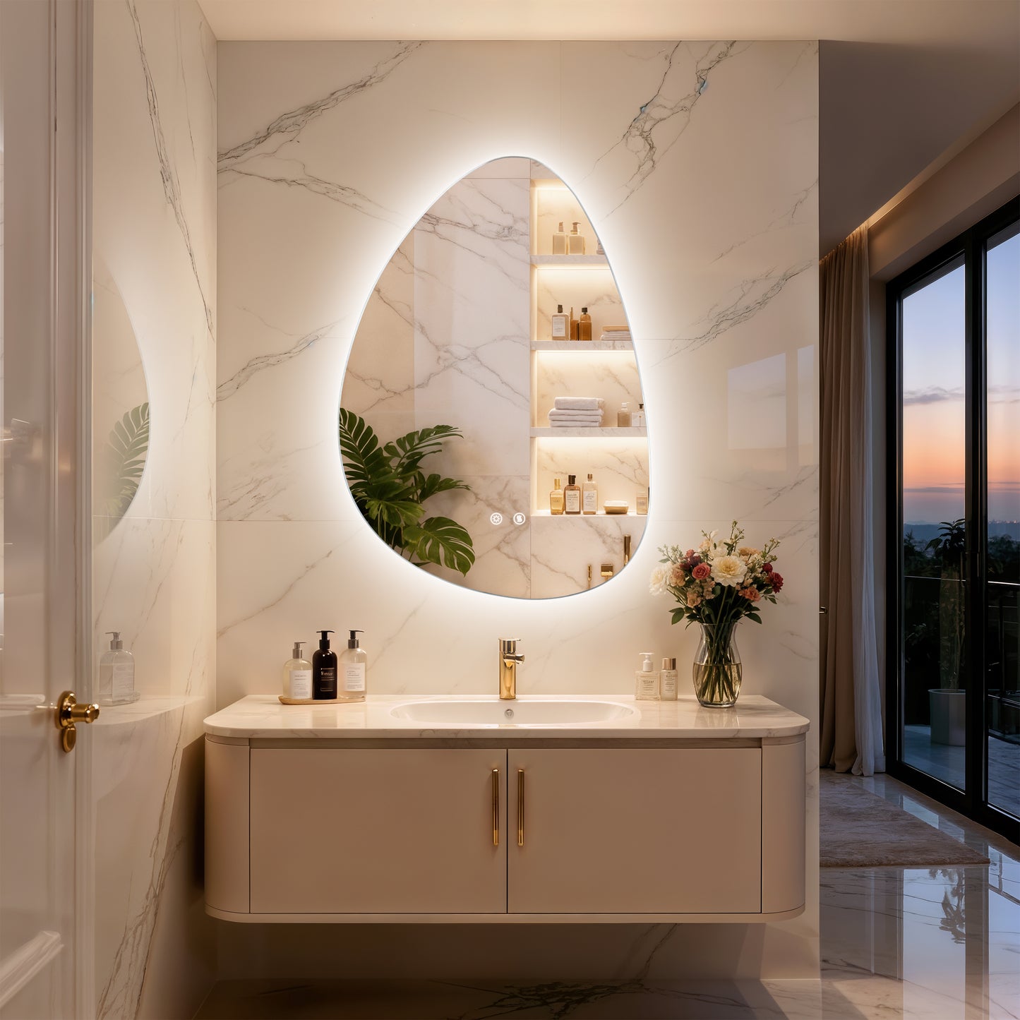 LUVODI Irregular LED Bathroom Mirror, Pebble Oval Backlit Vanity Mirror, Tempered Glass Mirror (2 Buttons)