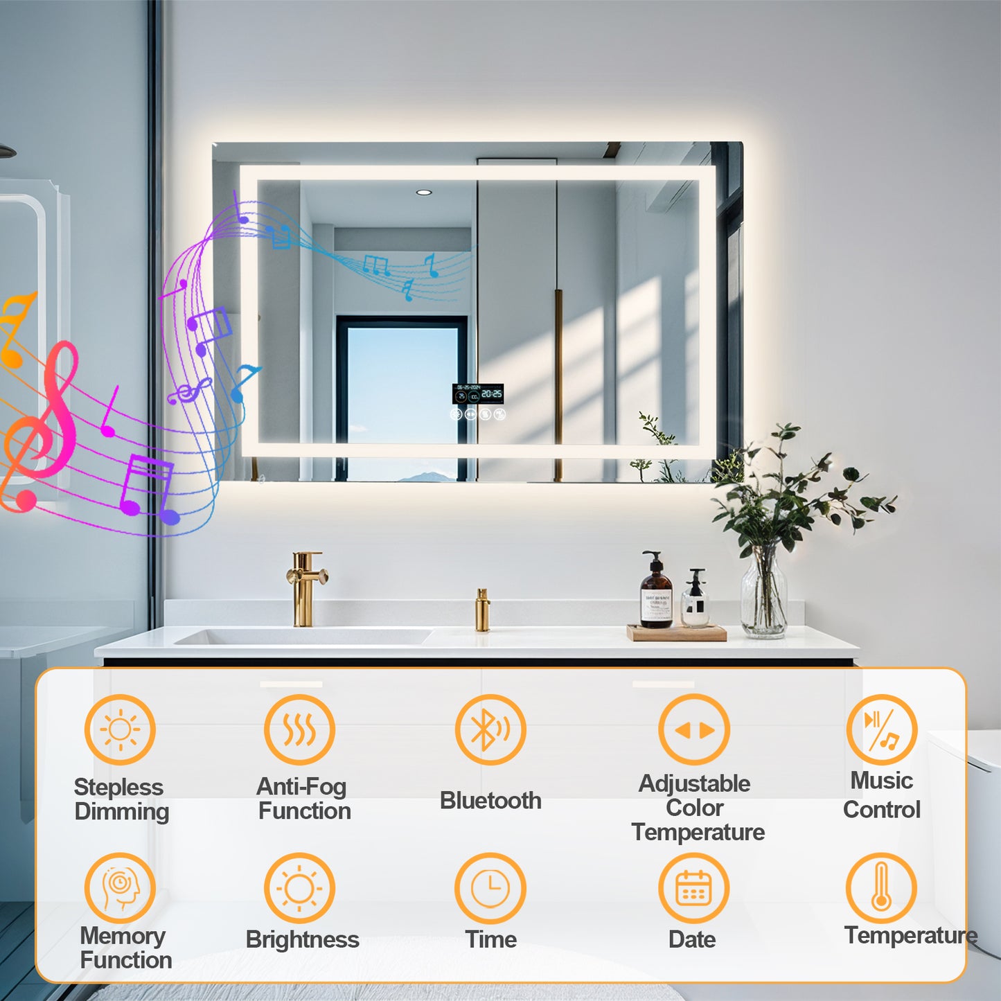 Espejo de baño LED LUVODI con altavoz Bluetooth, espejo de tocador inteligente rectangular con pantalla