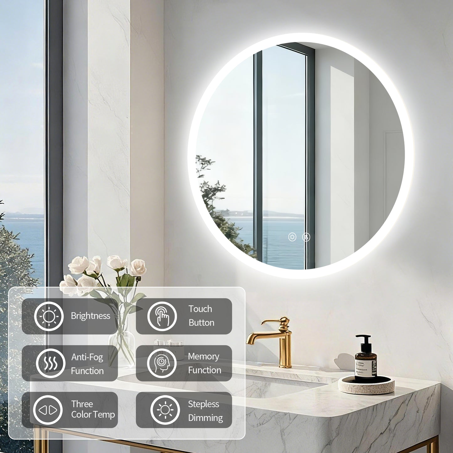 Espejo de tocador redondo con luz LED frontal LUVODI, antivaho, 3 colores, 2 botones