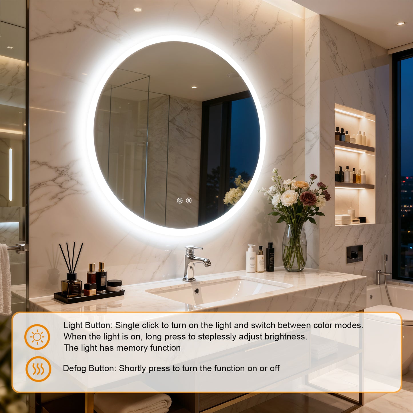 LUVODI 28 in Round Bathroom Mirror with Lights Tempered Glass(2 Buttons)
