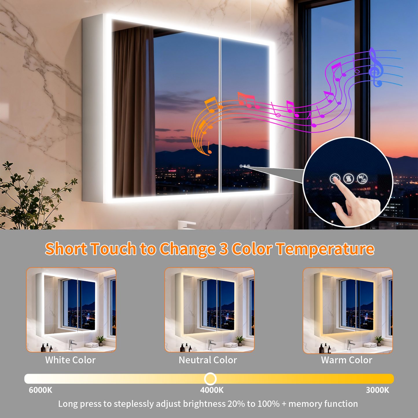 Luvodi - Botiquín LED de 32 x 28 pulgadas con espejo y Bluetooth para baño, antivaho y toma de corriente
