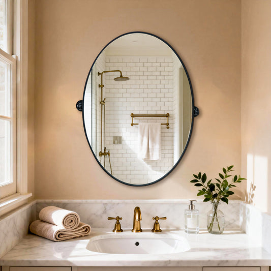 Modern Matte Black Oval Pivot Mirror – Adjustable Tilting Bathroom Vanity Wall Mirror