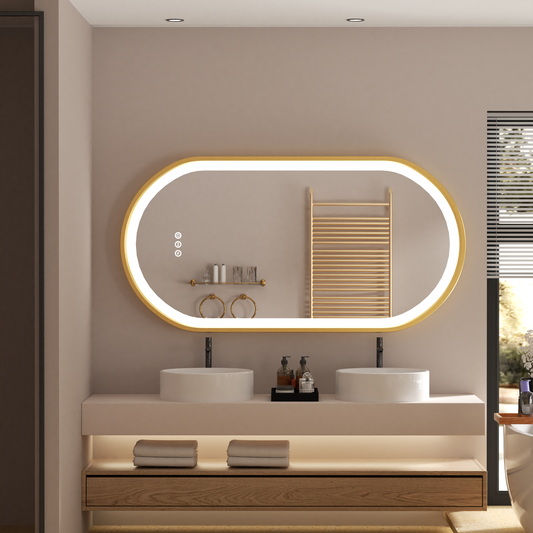 LUVODI Capsule Shape LED Bathroom Mirror with Gold Aluminum Alloy Narrow Frame Defogging 3 Color