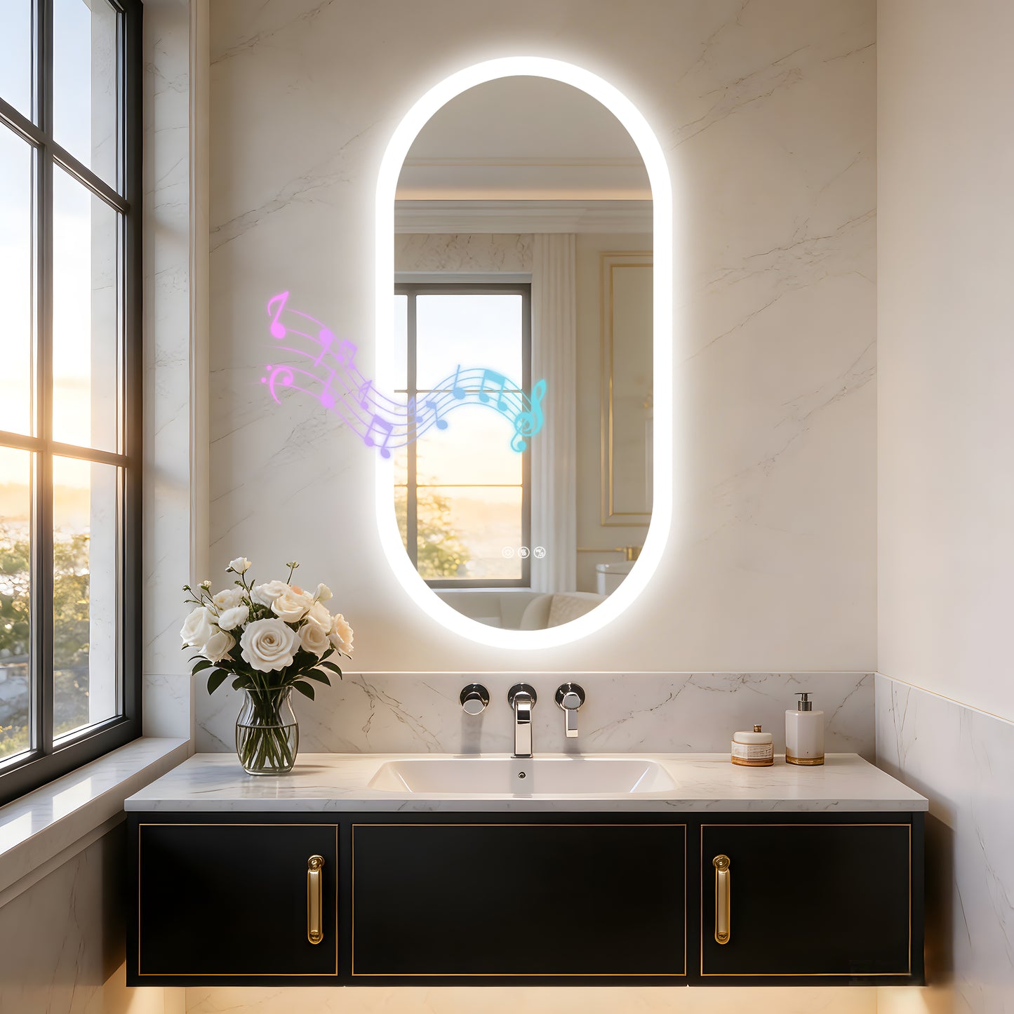 Espejo de baño ovalado con luz LED y Bluetooth LUVODI, espejo de tocador de pared (sin pantalla)
