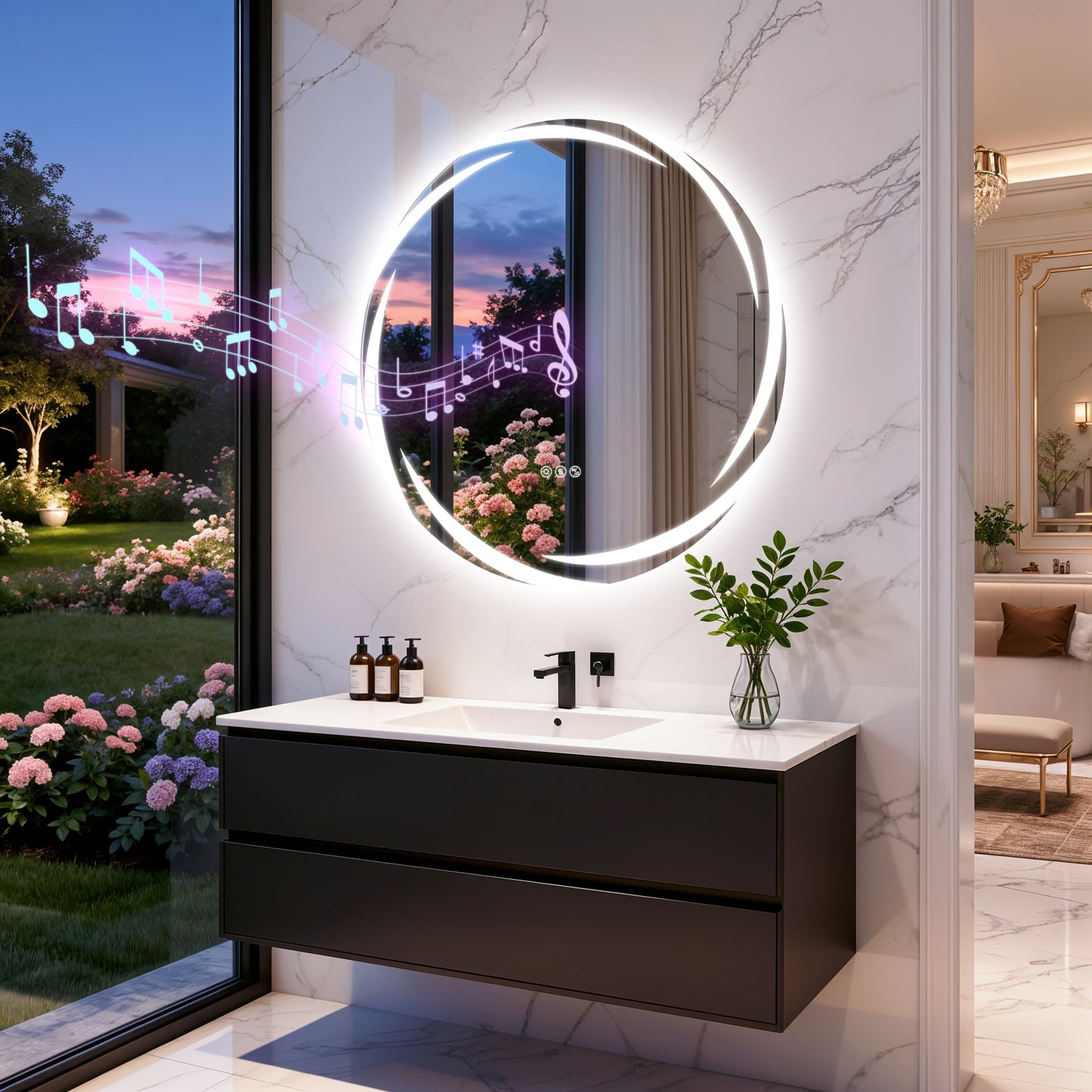 Espejo de pared redondo para baño LUVODI de 31,5" con LED y altavoz Bluetooth dual, antivaho y regulable