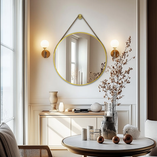 Gold Round Mirror With Hanging Rope For Living Room, Bedroom, Entryway