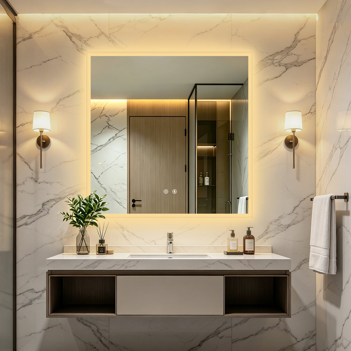 LUVODI LED Square Bathroom Mirror, Tempered Glass Lighted Vanity Mirror(Growing Outer Edge)