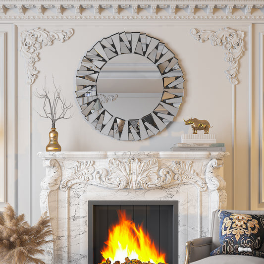 31.5” Round Wall-mounted Sunburst Mirror Silver Glass Accent Mirror for Living Room