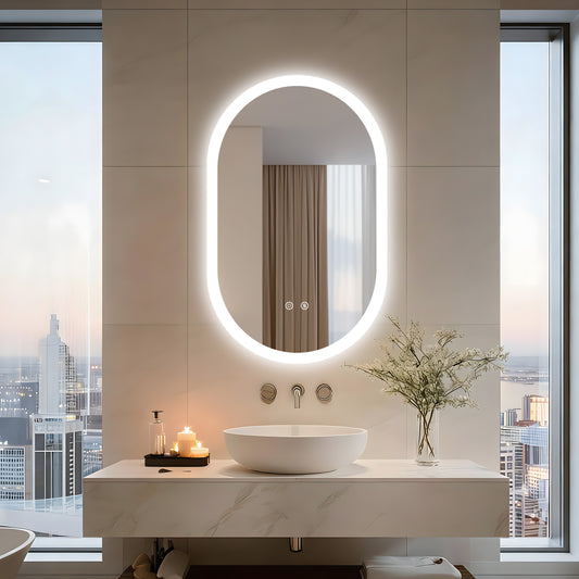 LUVODI Long Oval LED Bathroom Mirror, Tempered Glass Front Lit Vanity Mirror (2 Buttons)