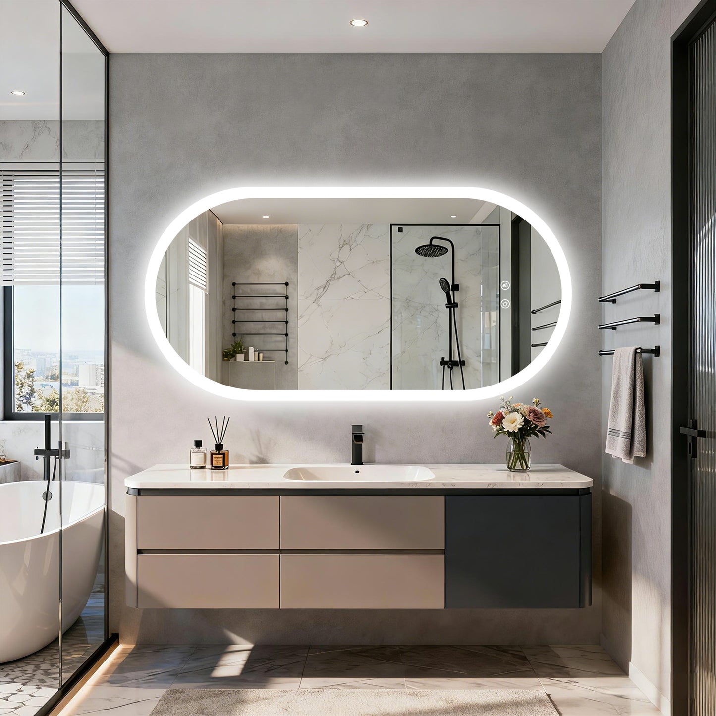 LUVODI Long Oval LED Bathroom Mirror, Tempered Glass Front Lit Vanity Mirror (2 Buttons)