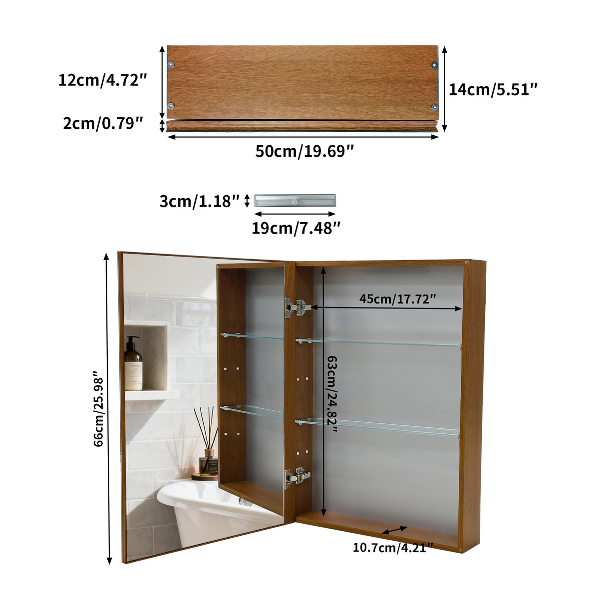 Mid Century Medicine Cabinet with Mirror, Double Mirror Doors, With Sensor Light