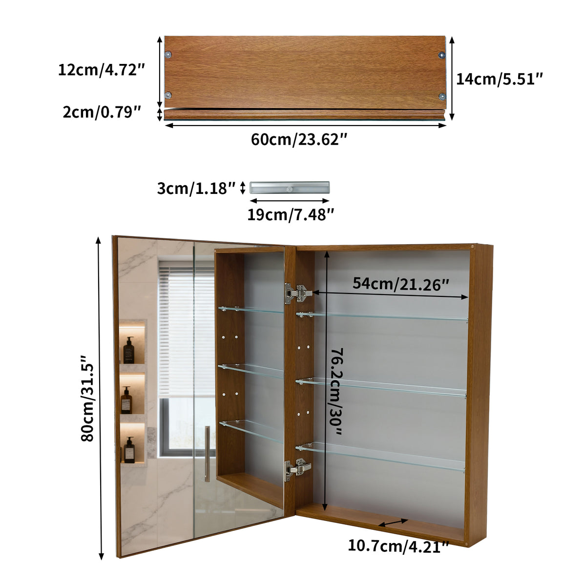 Mid Century Medicine Cabinet with Mirror, Double Mirror Doors, With Sensor Light