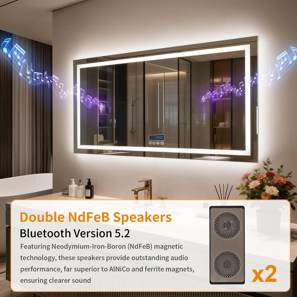 LUVODI LED Bathroom Mirror with Bluetooth Speaker & Screen Display, Tempered Glass Anti Fog Vanity Mirror