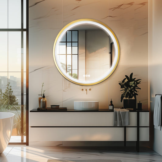 LUVODI Round LED Bathroom Mirror with Gold Aluminum Alloy Frame Sand to the Edge Mirror