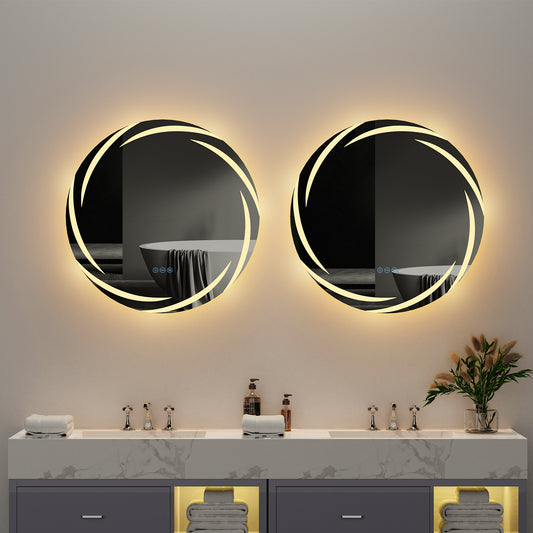 LUVODI Round LED Bathroom Mirror Dimmable Lighting 3 Colors Defogging Memory Function( Swirl style)
