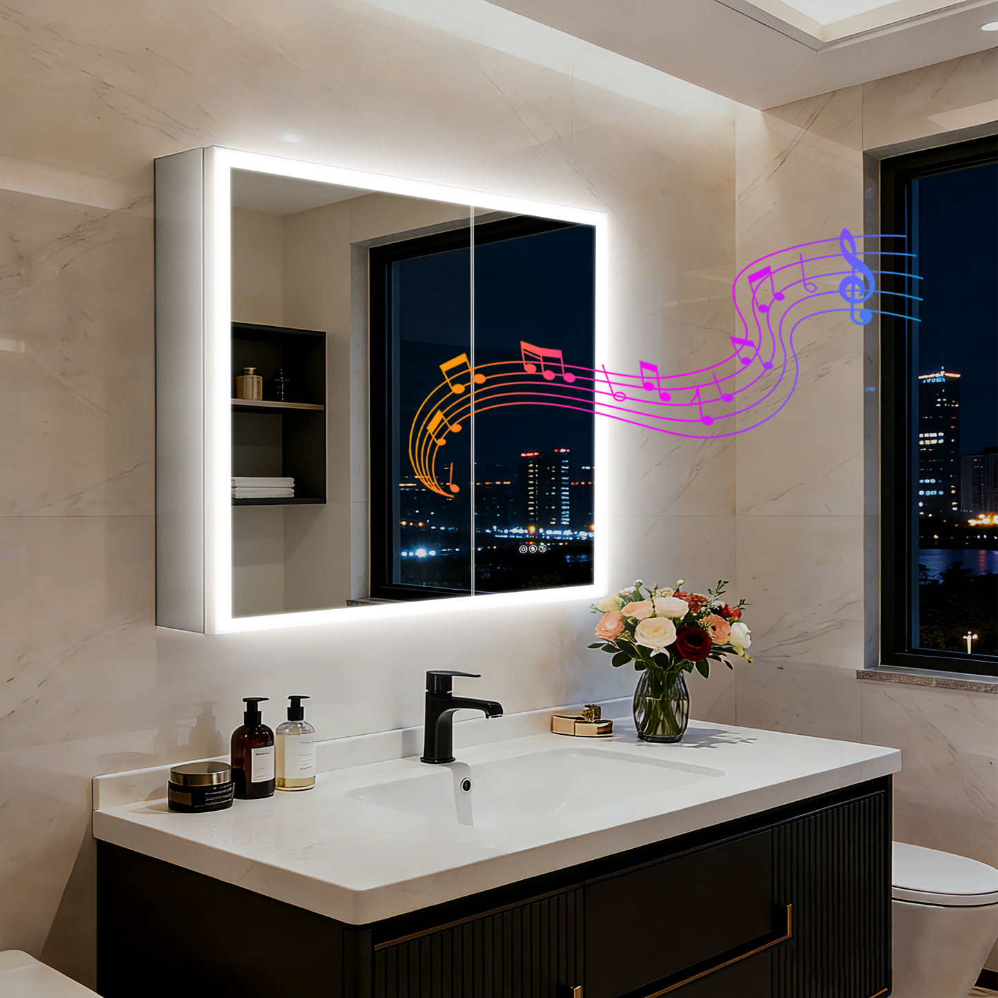 Luvodi - Botiquín LED de 32 x 28 pulgadas con espejo y Bluetooth para baño, antivaho y toma de corriente