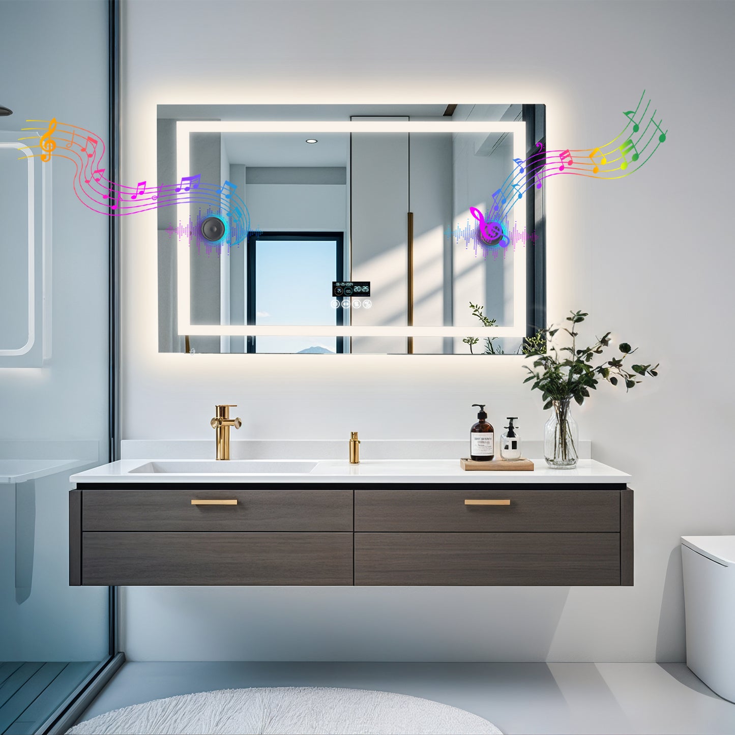 Espejo de baño LED LUVODI con altavoz Bluetooth, espejo de tocador inteligente rectangular con pantalla