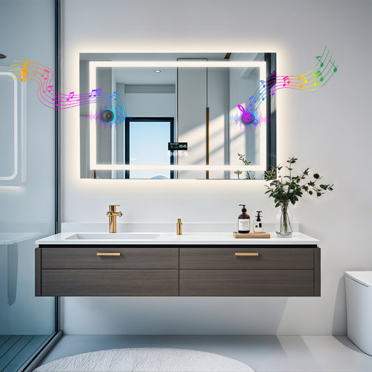 LUVODI LED Bathroom Mirror with Bluetooth Speaker, Rectangular Smart Vanity Mirror