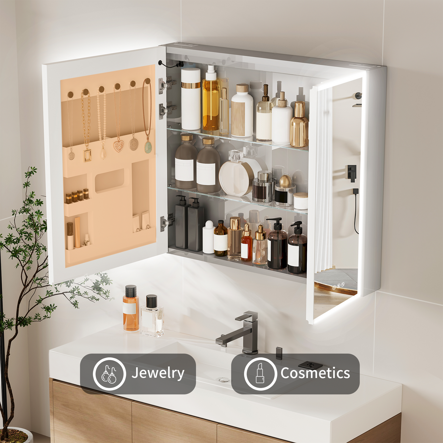 Luvodi - Botiquín LED de 32 x 28 pulgadas con espejo y Bluetooth para baño, antivaho y toma de corriente