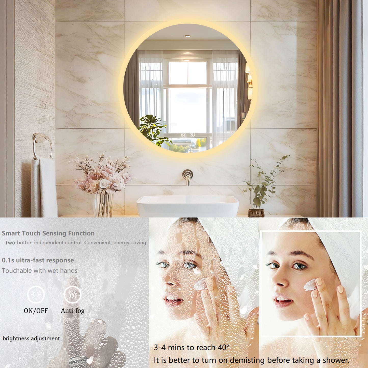Espejo de tocador redondo con luz LED frontal LUVODI, antivaho, 3 colores, 2 botones