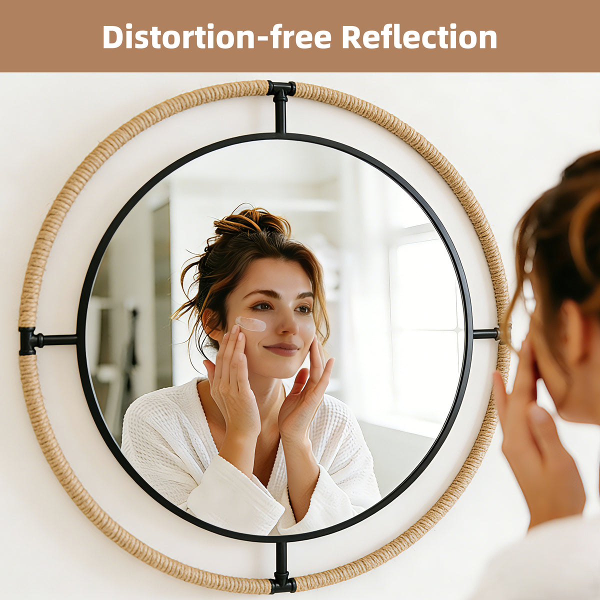 31.5'' Farmhouse Round Mirror, Large Rustic Round Wall Mirror with Hemp Rope