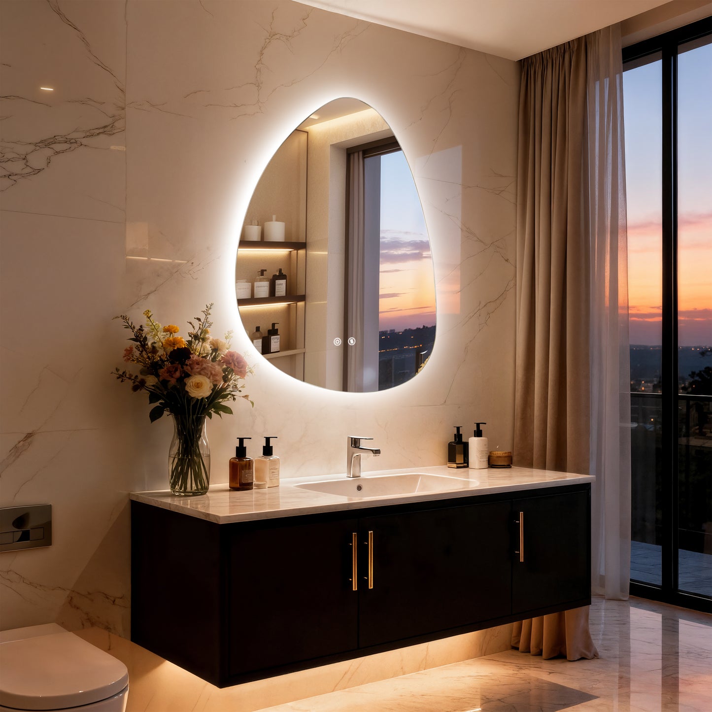 LUVODI Irregular LED Bathroom Mirror, Pebble Oval Backlit Vanity Mirror, Tempered Glass Mirror (2 Buttons)