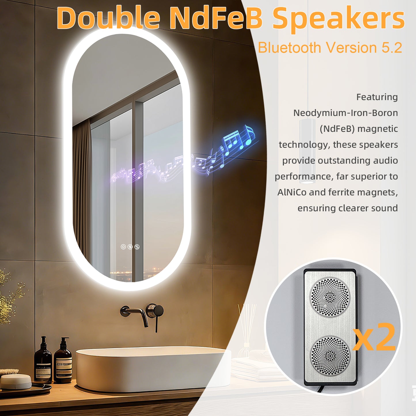 Espejo de baño ovalado con luz LED y Bluetooth LUVODI, espejo de tocador de pared (sin pantalla)