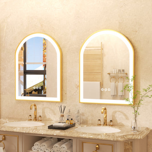 LUVODI Arched LED Bathroom Mirror with Gold Aluminum Alloy Narrow Frame Defogging 3 Color