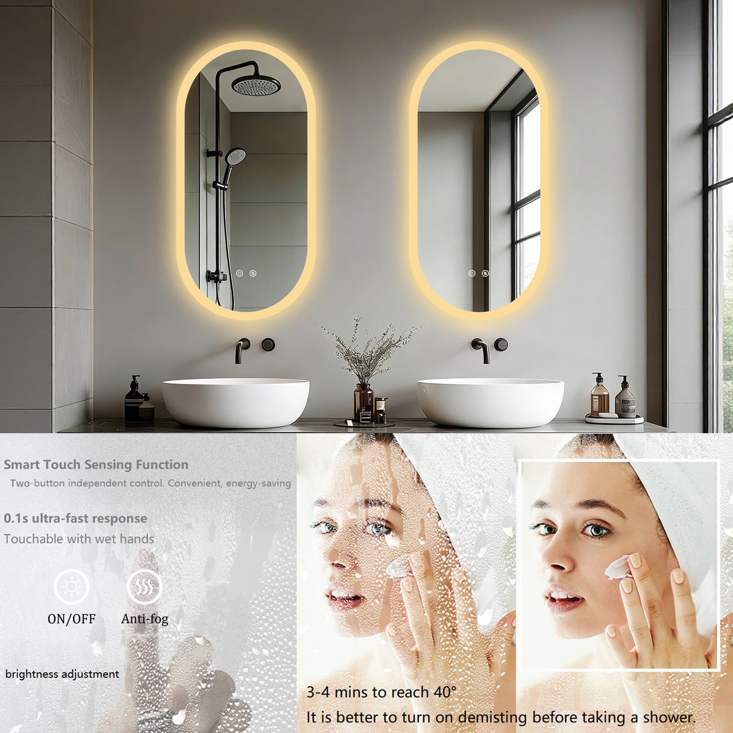 LUVODI Long Oval LED Bathroom Mirror, Tempered Glass Front Lit Vanity Mirror (2 Buttons)