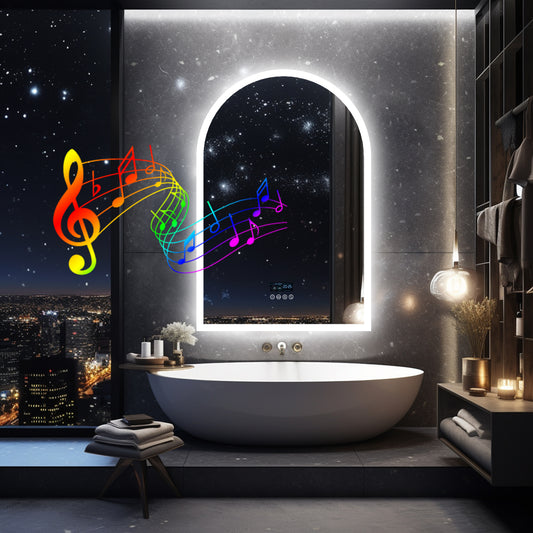LUVODI Arched Bathroom Mirror with Bluetooth Speaker, Elegant Arch LED Lighted Bathroom Mirror 600x900mm