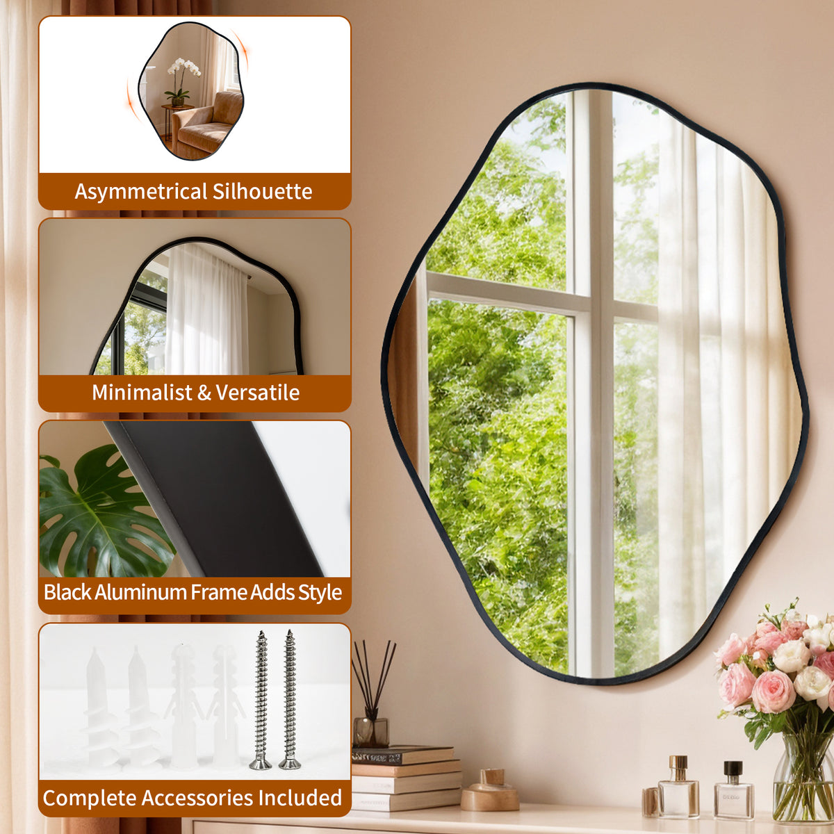 Asymmetrical Wall Mirror, Irregular Black Frame Mirror for Entryway