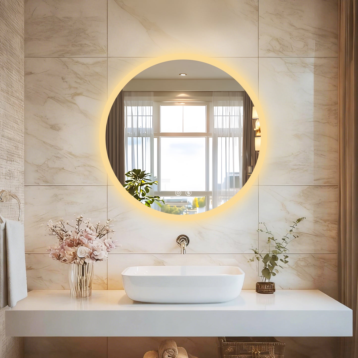 Espejo de tocador redondo con luz LED frontal LUVODI, antivaho, 3 colores, 2 botones