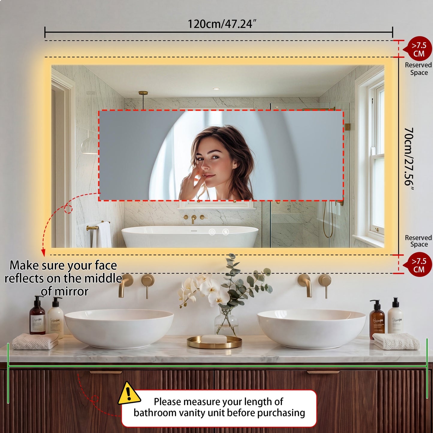 LUVODI Rectangular LED Bathroom Mirror with Defogger, Front-Lit Wall Mounted Vanity Mirror