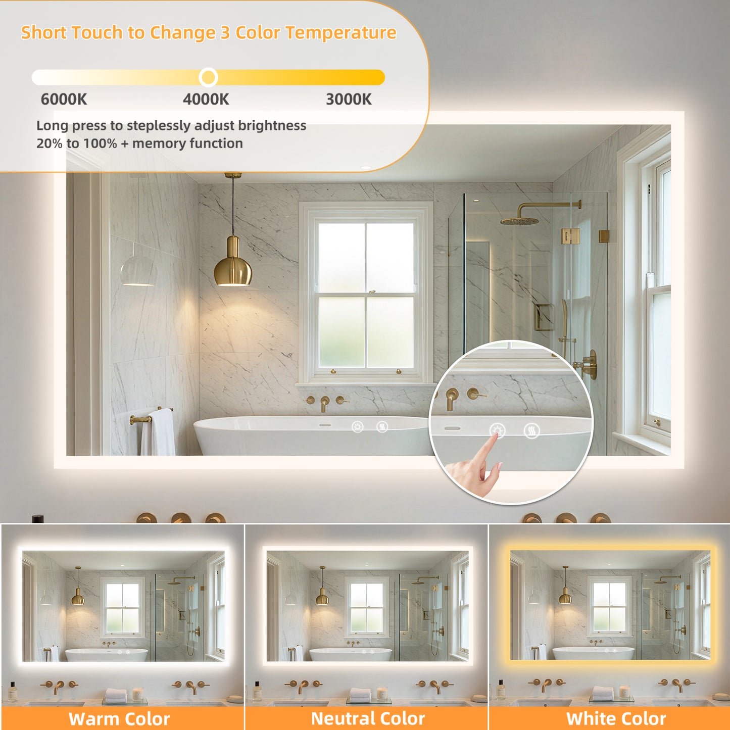 LUVODI Rectangular LED Bathroom Mirror with Defogger, Front-Lit Wall Mounted Vanity Mirror