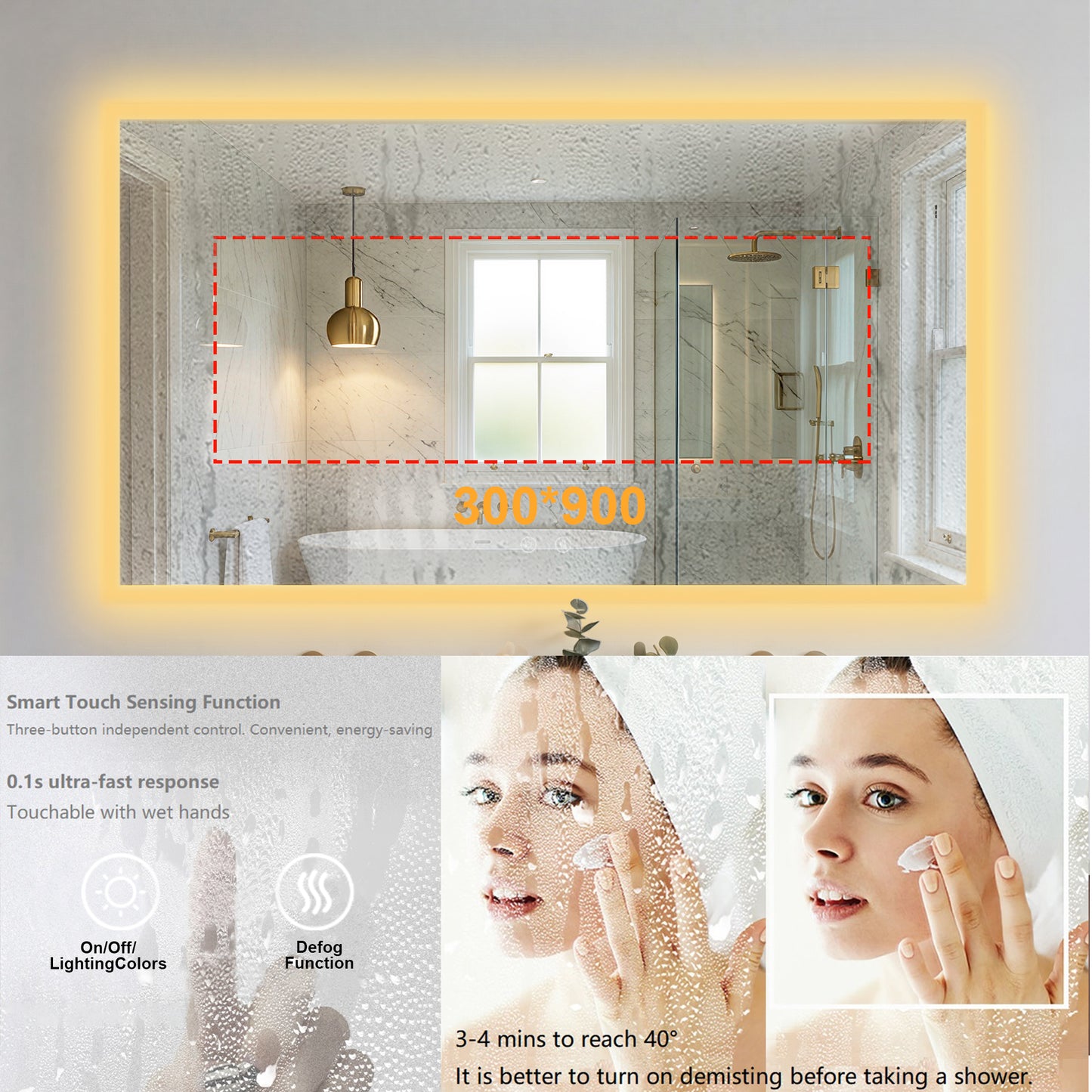 LUVODI Rectangular LED Bathroom Mirror with Defogger, Front-Lit Wall Mounted Vanity Mirror